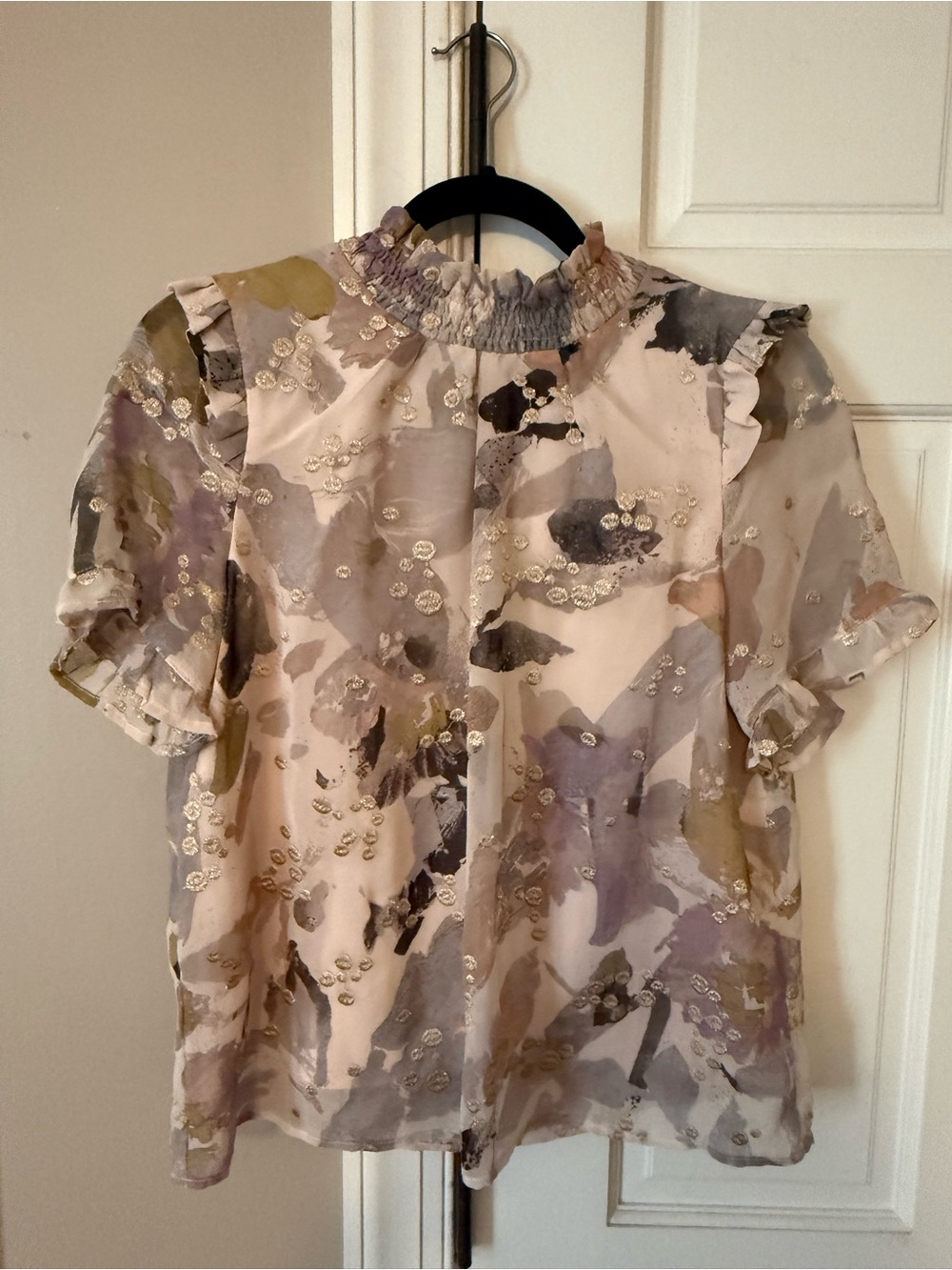 Floral Watercolor Ruffle Neck Short Sleeve Blouse - Beige Multicolor